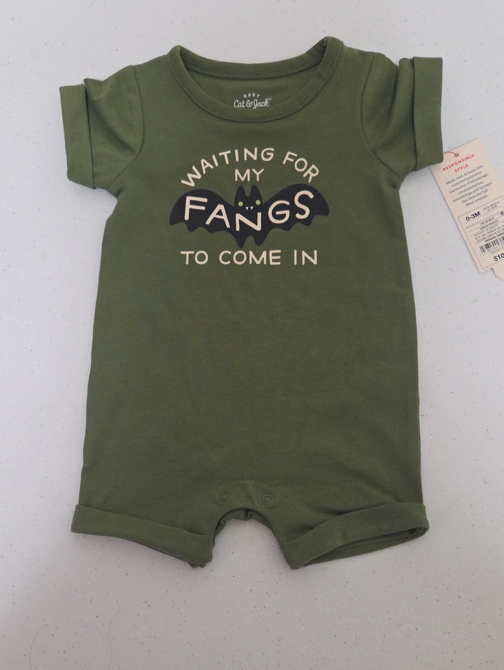 Cat & Jack Olive Green "Waiting For My Fangs To Come In" Baby One-Piece